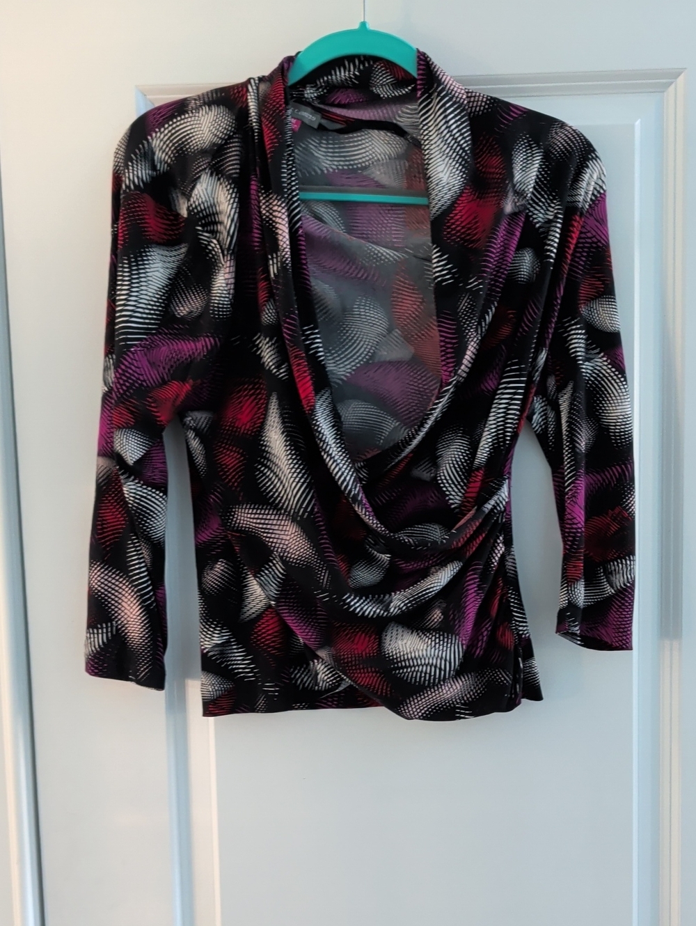 Vince Camuto Black Top with Pink & White Swirl Print, Draped Cowl Neck